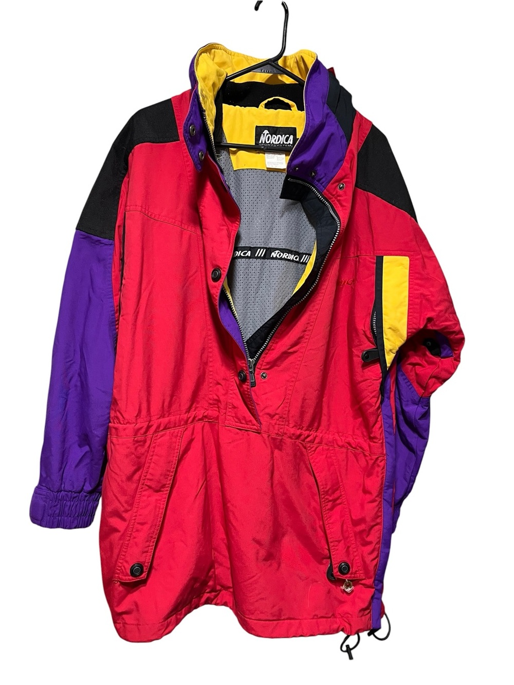 Vintage Nordica Women’s Red Colorblock Ski Jacket with Purple & Yellow Panels